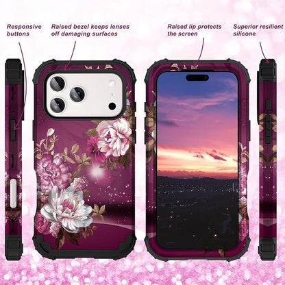 Hocase for iPhone 17 Pro Max Case, Heavy Duty Shockproof Protection Soft Silicone Rubber+Hard Plastic Bumpers Hybrid Protective Case for iPhone 17 Pro Max 2025 - Royal Purple Flowers