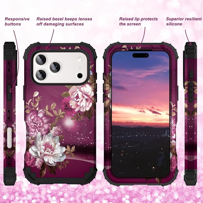 Hocase for iPhone 17 Pro Case 6.3", Heavy Duty Shockproof Protection Soft Silicone Rubber+Hard Plastic Bumpers Hybrid Protective Case for iPhone 17 Pro 2025 - Royal Purple Flowers