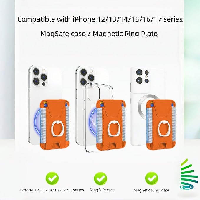 for Magsafe Wallet, Slim Magnetic Card Wallet with Grip, 7 Cards Holder RFID Blocking, Ring Stand Stick on Wallet with Privacy Flap(Orange)