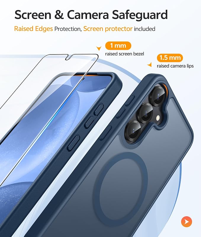 FNTCASE for Samsung Galaxy S25/S24 Case, Fit for Magsafe, Screen Protector | Translucent Matte Magnetic Back, 14FT Military Grade Drop Protection, Shockproof Protective Phone Cover, Blue