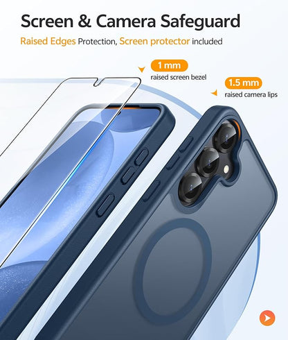 FNTCASE for Samsung Galaxy S25/S24 Case, Fit for Magsafe, Screen Protector | Translucent Matte Magnetic Back, 14FT Military Grade Drop Protection, Shockproof Protective Phone Cover, Blue