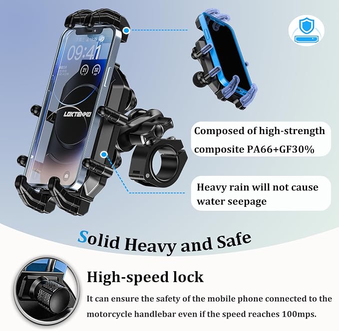 LOKTENWO Motorcycle Phone Mount-[Triple Vibration Dampener] & [Metal Adjustment Arm]，Motorcycle Cell Phone Holder, Bike Phone Mount for iPhone 17 16 15 Pro Max, 5.4-7.2" Smartphones