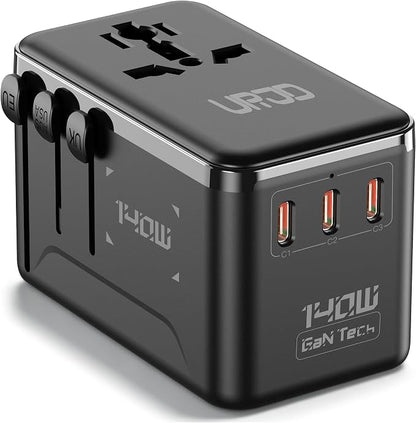 140W Max GaN Universal Travel Adapter for Europe UK US 200+ Countries | 3 USB C 1 USB A & 2500W AC Outlet, International Power Adapter Fast Charger Compatible for MacBook Pro/Air, iPhone, Laptop