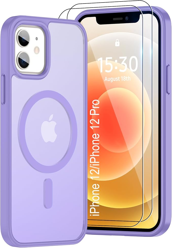 Pilaru for iPhone 12 Case & iPhone 12 Pro Case [Compatible with Magsafe] Translucent Matte Magnetic Case with Screen Protector,SlimThin Shockproof Protection Case for iPhone 12 & 12 Pro-Light Purple