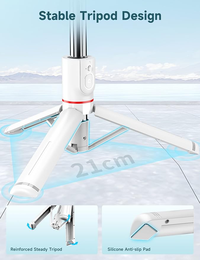 Stable Selfie Stick Tripod with Fill Light, 44 Inch Extendable Selfie Stick with Wireless Remote and Tripod Stand 360 Rotation for iPhone 15/14/13/12/11 Pro/XS Max/XR/X, Samsung and Smartphone (White)