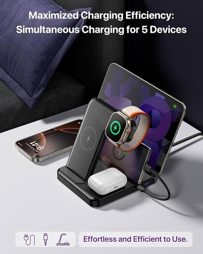 Multiple Devices Charging Station, 5-in-1 Charging Station for iPhone 17 Pro Max/Pro/16/15/14/13/12, iPad Pro/Air/Mini, Apple Watch and Airpods,Wireless Charging Dock(G805) (Pink)