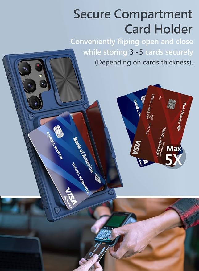 Vihibii for Samsung Galaxy S23 Ultra Case with Card Holder (4 Cards) & Sliding Camera Cover & Kickstand, Shockproof Rugged Hard Back & TPU Edge Wallet Case for Galaxy S23 Ultra 5G 6.8" 2023, Blue