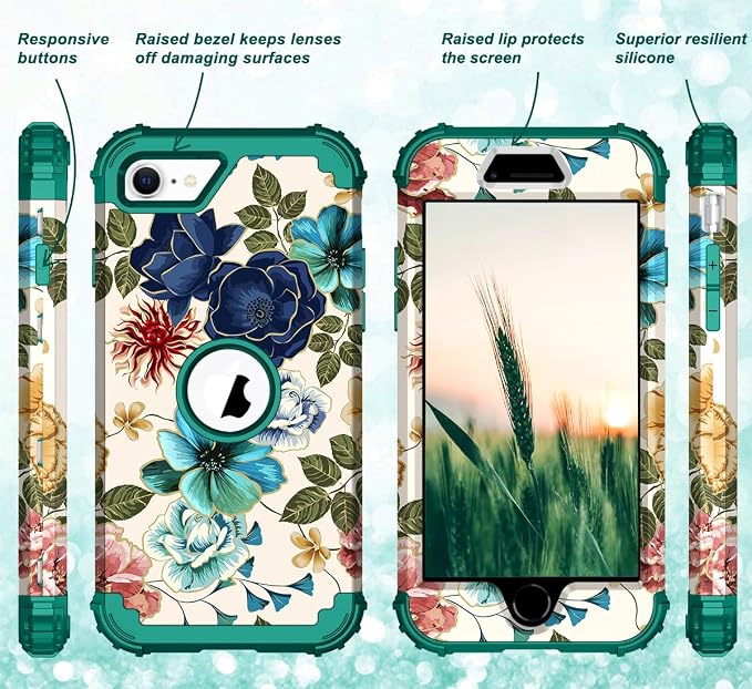 Hocase for iPhone SE 2022/2020 Case, Heavy Duty Shockproof Protection Hard Plastic+Silicone Rubber Hybrid Protective Case for iPhone SE 3rd/2nd Generation (4.7") - Teal Flowers
