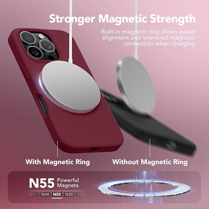 GONEZ Magnetic for iPhone 16 Pro Case, Compatible with MagSafe, [Screen Protector + Camera Lens Protector], Silicone Shockproof Anti-Scratch Protective Phone Case 6.3 inch, Maroon