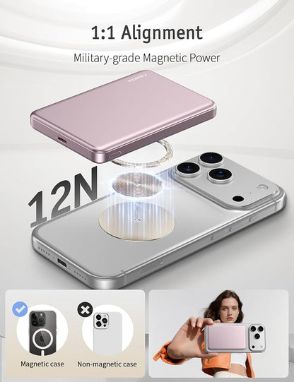 RORRY for Magsafe Portable Charger, 10000mAh Ultra Slim Magnetic Power Bank, 22.5W Fast Charging Wireless Portable Charger, USB C Battery Pack for iPhone 17/16/15/14/13/12 Plus Pro Max, Pink