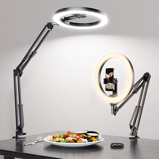 Ring Light for Desk, Overhead Phone Mount with 10" Selfie Light with Stand, Luxsure Phone Tripod with Light for Recording, Streaming, Vlogging, TikTok YouTube Creator Essentials with Bluetooth Control