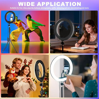12'' Ring Light with Stand 75'' Tall & Phone Holder, 100+ Color Modes Selfie Light with Tripod Stand, Big LED Circle Lights for iPhone/Android/Camera/YouTube/Makeup/Live Stream/TikTok/Video