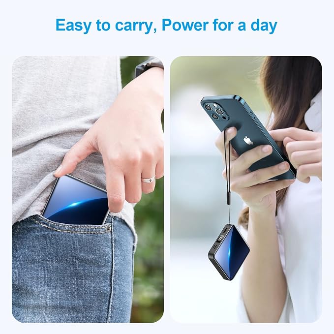 ummz Portable Charger with Built-in Cable,12000mAh 22.5W Fast Charging Small Power Bank,USB C Input/Output with Smart LED Display,External Battery Pack for iPhone,Tablet,Samsung