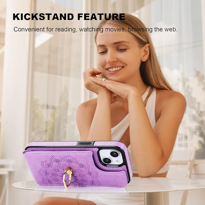HAOPINSH for iPhone 13/ iPhone 14 Wallet Case with Card Holder, 360°Rotation Ring Kickstand, Purple Mandala Pattern, RFID Blocking Leather for Girls Women, Double Buttons Flip Cover 6.1"