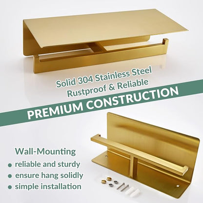 APLusee Brushed Gold Double Toilet Paper Holder with Shelf, Heavy Duty 304 Stainless Steel Tissue Holder for Bathroom with Storage, Commercial Paper Roll Dispenser Wall Mounted