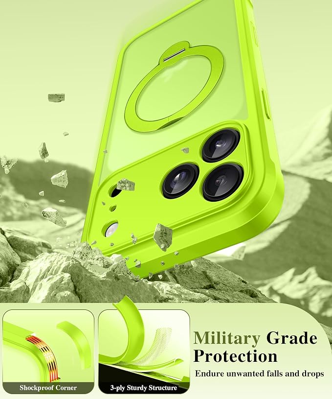 BERFY for iPhone 17 Pro Max Case, Compatible with MagSafe, Built in Privacy Screen Protector, Shockproof Full Body Phone Case for 17 Pro Max with Magnetic Stand, Translucent Bright Green