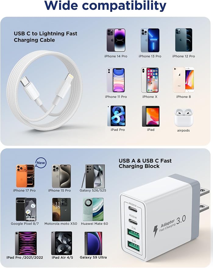 iPhone Charger Fast Charging,[MFi Certified] USB C Charger Block 20W PD USB C Wall Charger with 6FT USB C to Lightning Cable for iPhone 14/13/12/12 Pro Max/11/Xs Max/XR/X,AirPods Pro,ipad