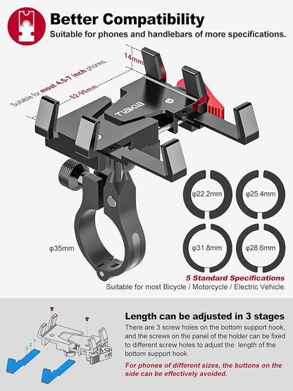 Tiakia Bike Phone Mount Holder, Aluminum Motorcycle Phone Mount, Handlebar Mounted Cell Phone Holder for Bike, 360° Rotation, Universal Bicycle Phone Mount for 4.5-7 Inch Phones