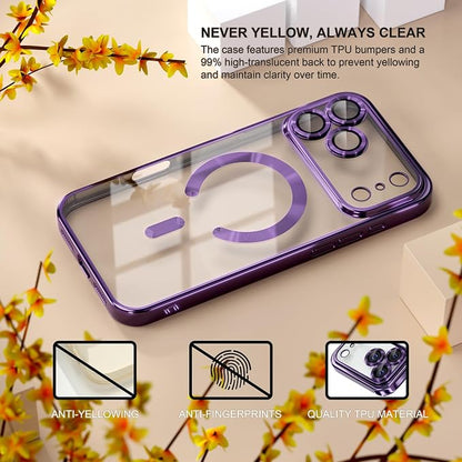 Misea Magnetic for iPhone 17 Pro Case Compatible with MagSafe [Never Yellowing] [Military Grade Drop Protection] Full Camera Lens Protector Plating Soft Clear Phone Case for Women, Deep Purple