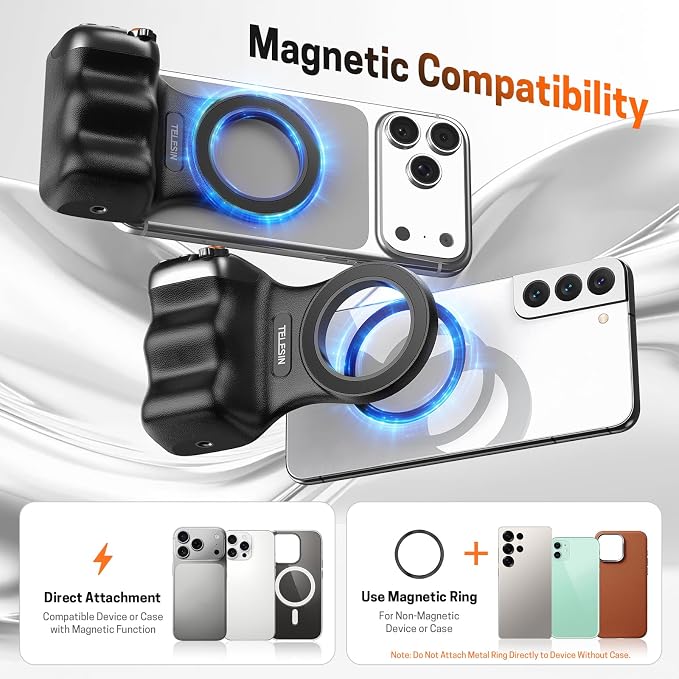 Magnetic Phone Camera Grip, Smartphone Holder Selfie Handle Snap with Wireless USB Remote Control & 1/4” Screw Mount, Camera Stabilizer for iPhone & Android Cellphone Selfie Vlog Video Live