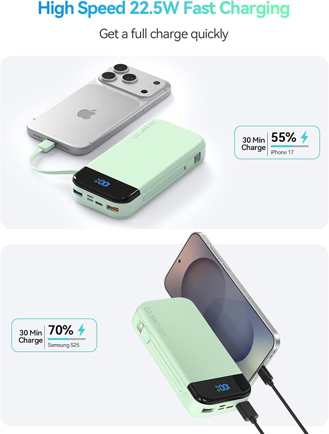 Portable Charger Power Bank 32000mAh with Built in Cables, PD3.0 USB C Fast Phone Charger, 5 Outputs LCD Display Travel Battery Pack Compatible with iPhone, Samsung All Cell Phones (Green)