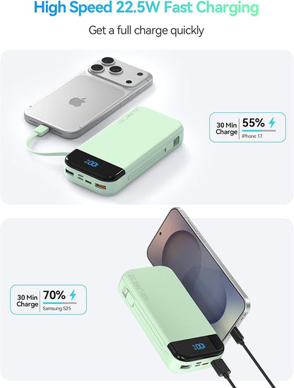 Portable Charger Power Bank 32000mAh with Built in Cables, PD3.0 USB C Fast Phone Charger, 5 Outputs LCD Display Travel Battery Pack Compatible with iPhone, Samsung All Cell Phones (Green)