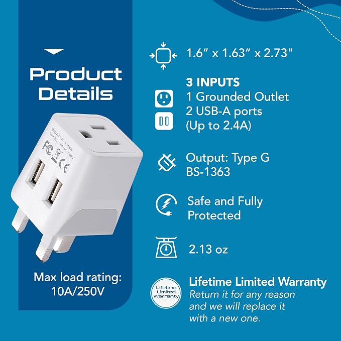 Ceptics UK Plug Adapter, 3 in 1 with Dual USB for UAE, Ireland, Hong Kong | Plug Adapter Type G, Type G Travel Adapter for London, Hong Kong & Ireland, Grounded Power Adapter for Laptops & Cameras