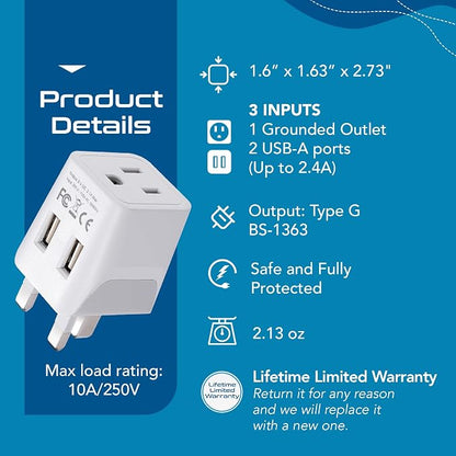 Ceptics Type G Travel Adapter - Canada to UK, Ireland & UAE Grounded Plug Adapter with Dual USB Ports for Electronic Devices (CTU-7) | UK Plug Adapter for Travel, UK Adapters for Travel from USA & Canada, Grounded Charger Adapter for Phones & Electronics
