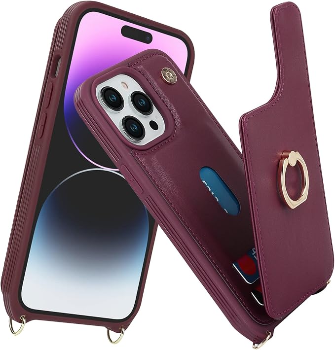 Lipvina for iPhone 14 Pro Max Case with Card Holder for Women,Phone Case with Strap,Crossbody Lanyard,RFID Blocking,Ring Stand,Snap Clasp,Cute Wallet Cases 6.7 inch (Wine Red)