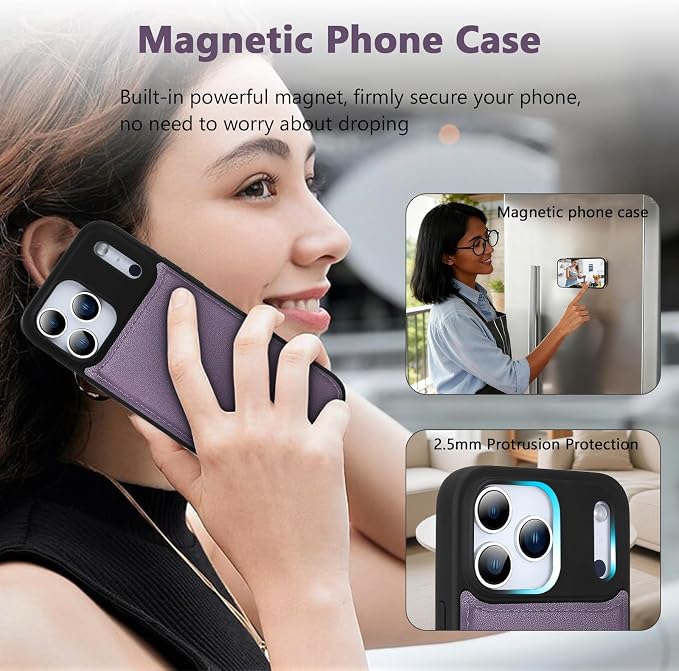 Wallet Case for iPhone 17 Pro with Card Holder/Crossbody Wallet/Strap,[RFID Blocking][Magnetic] PU Leather Phone Case for iPhone 17 Pro,6.3 in,Purple