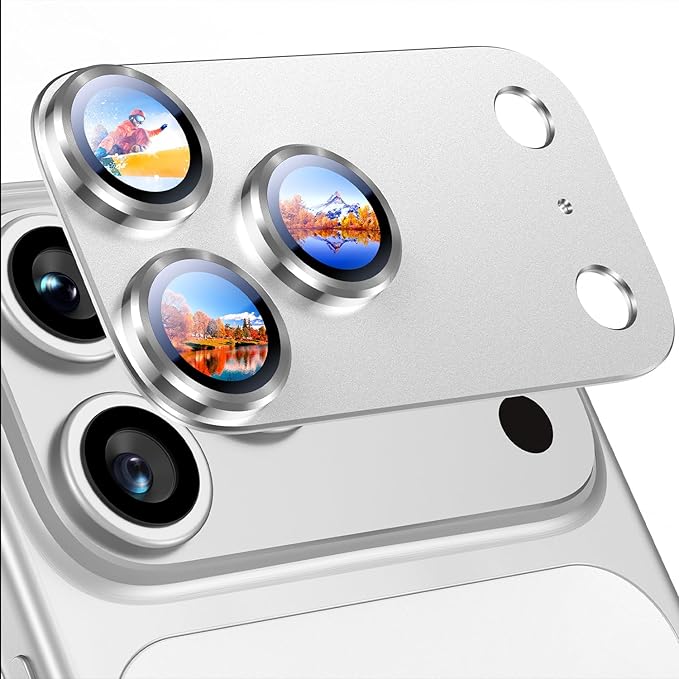 Uyiton Compatible with iPhone 17 Pro Camera Lens Protector - [Not Easy to Break][Strong Adsorption][Case-Friendly] Metal Tempered Glass Rear Camera Screen Cover - Silver