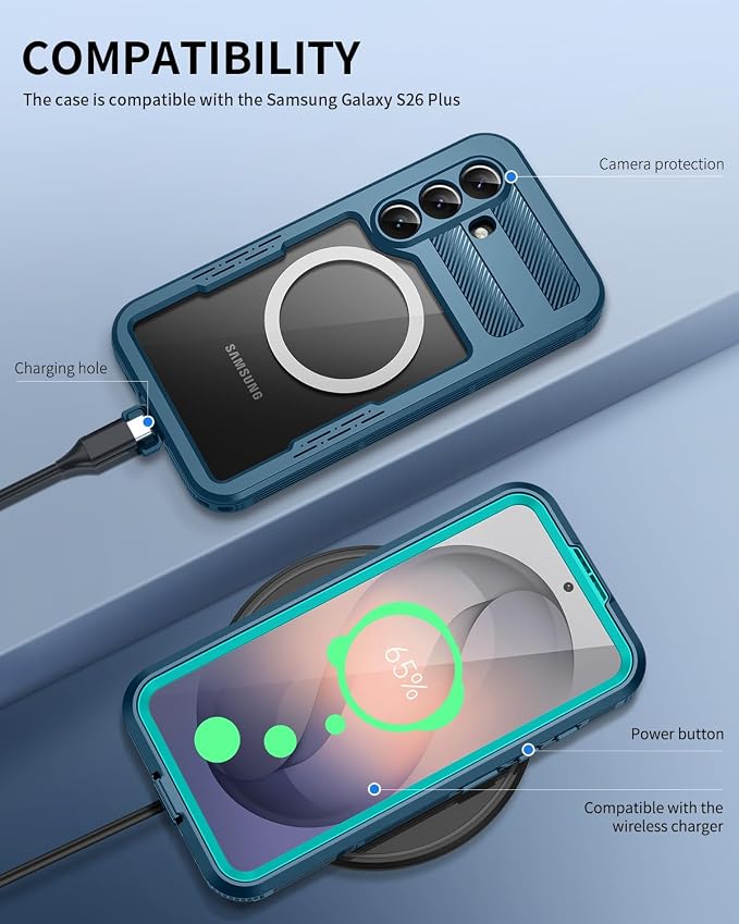 Lanhiem Magnetic for Samsung Galaxy S26+ Plus Case, IP68 Waterproof Dustproof Case, [Compatible with Magsafe] [Built-in Screen Protector] Full Body Heavy Duty Rugged Phone Cover 6.7 inch, Blue