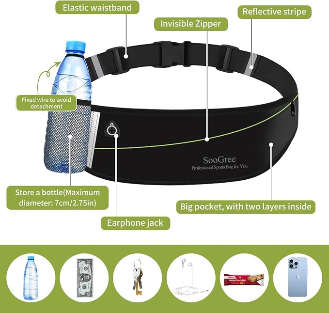 SooGree Slim Running Belt Fanny Packs for Women Men,Water Bottle Holder Hydration Fanny Pouch,Waterproof Sport Waist Pack with Reflective Strip,Runner Belt Bag for Running Cycling Camping Gym (Black)