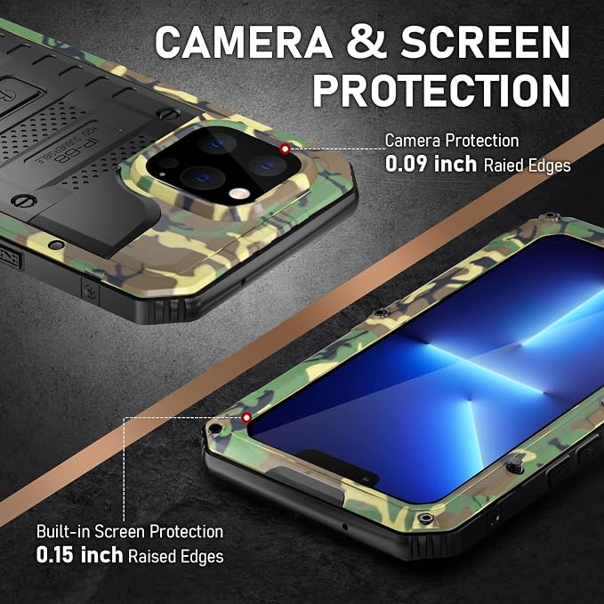 Beasyjoy for iPhone 13 Pro Max Case Waterproof, Metal Military Grade Case with Built in Screen Protector, Heavy Duty Full Body Protective Defender Rugged Underwater Phone Case 6.7'' (Camo)