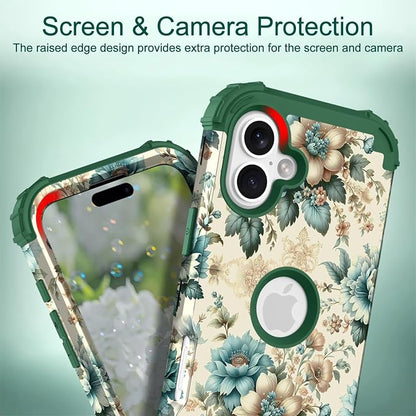 Hocase for iPhone 17 Case 6.3", Heavy Duty Shockproof Protection Soft Silicone Rubber+Hard Plastic Bumpers Hybrid Protective Case for iPhone 17 2025 - Teal Blue Flowers
