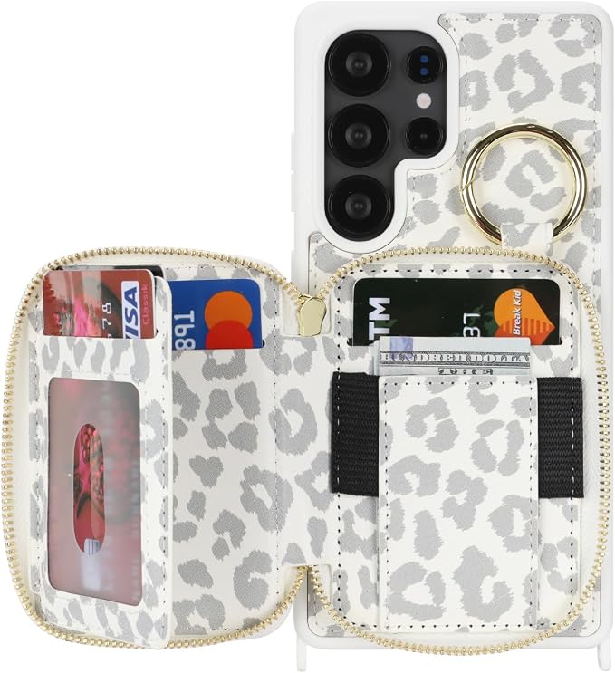 Crossbody Wallet Case for Galaxy S25 Ultra, PU Leather Zipper Handbag Purse Flip Cover, Kickstand Folio Case with Card Slots Holder Wrist Strap Lanyard -White Leopard