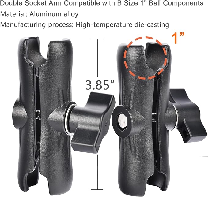 1" Ball Phone Mount – Aluminum Alloy Arm & Base, Double Ball Joint, 360° Adjustable, Screw-Mounted Base, Fits RAM B Size System – Universal Holder for Car, Truck, Van, Desk, Wall, Dashboard