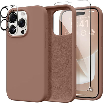 GONEZ Magnetic for iPhone 15 Pro Case, Compatible with MagSafe, [Screen Protector + Camera Lens Protector], Silicone Shockproof Anti-Scratch Protective Phone Case 6.1 inch, Brown