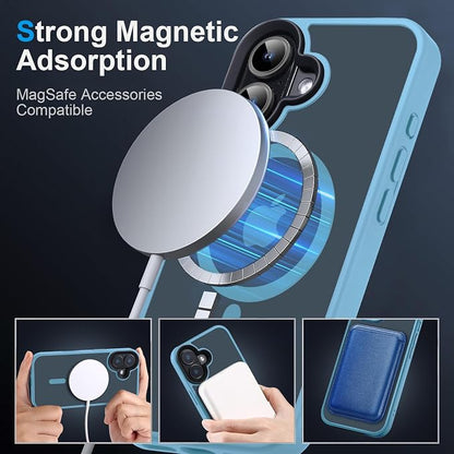 Strong Magnetic Case for iPhone 16 Case [5X-Grade Drop Tested & Compatible with MagSafe] Translucent Anti-Fingerprint Shockproof Protective Cover 6.1 Inch, Light Blue