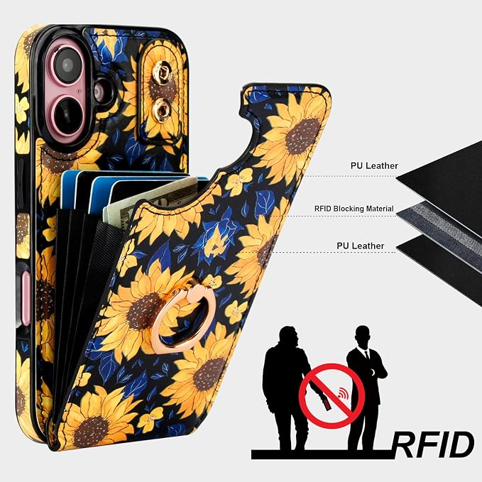 HAOPINSH for iPhone 16 Wallet Case with Card Holder, 360°Rotation Ring Kickstand, Blooming Sunflowers Pattern, RFID Blocking Leather for Girls Women, Protective Cover 6.1"