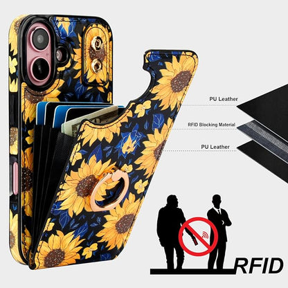 HAOPINSH for iPhone 16 Wallet Case with Card Holder, 360°Rotation Ring Kickstand, Blooming Sunflowers Pattern, RFID Blocking Leather for Girls Women, Protective Cover 6.1"