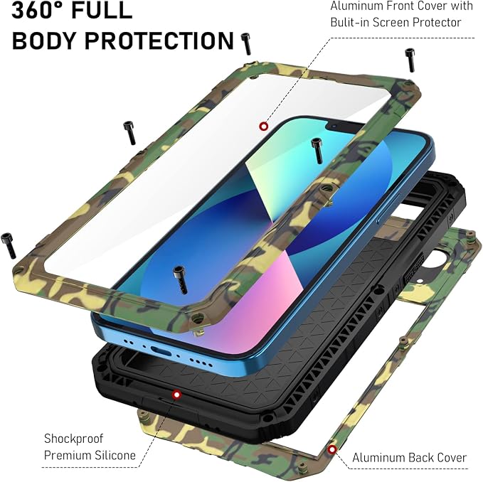 Beasyjoy for iPhone 13 Case Waterproof, Metal Phone Case with Built-in Screen Protector, Heavy Duty Full Body Protective Military Grade Shockproof Rugged Defender Cover 6.1 Inch, Camo