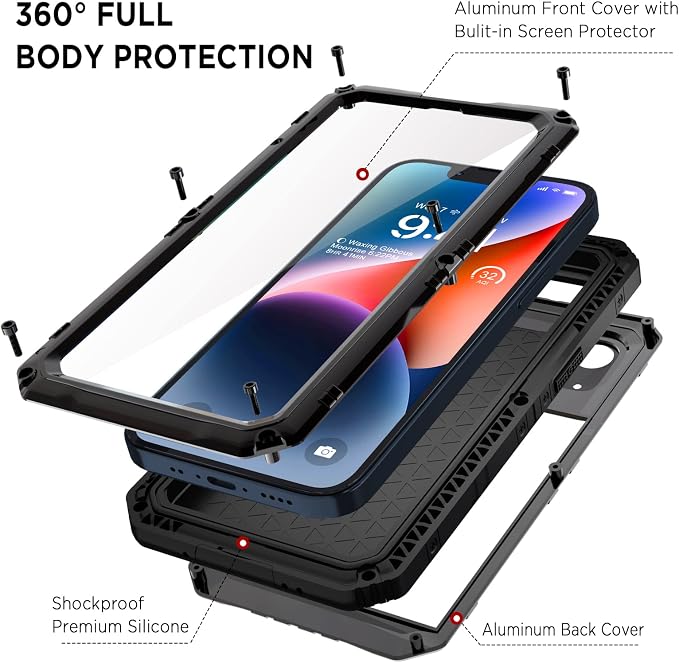 Beasyjoy for iPhone 14 Plus Case, IP68 Waterproof Metal Heavy Duty Defender Case with Built-in Screen Protector, Military Grade Full Body Protective Defender Shockproof Rugged Cover 6.7 Inch, Black