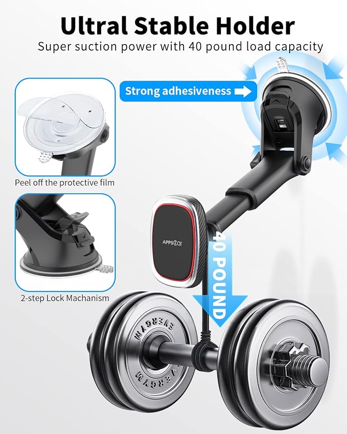 APPS2Car Magnetic Phone Mount, Dashboard & Windshield Suction Cup Car Phone Holder Mount with 6 Strong Magnets, Adjustable Telescopic Arm, Compatible with iPhone & Android Smartphones