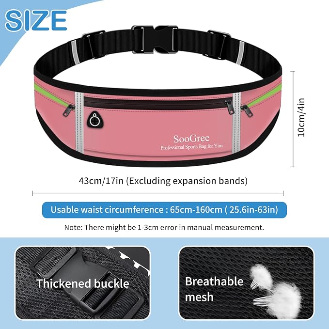 SooGree Slim Running Belt Sport Fanny Pack for Women Men,Reflective Waist Pack Runner Pouch Belt, Zipper Waterproof Running Phone Holder Jogging Pouch for Phone Money (GSP8806 Pink)