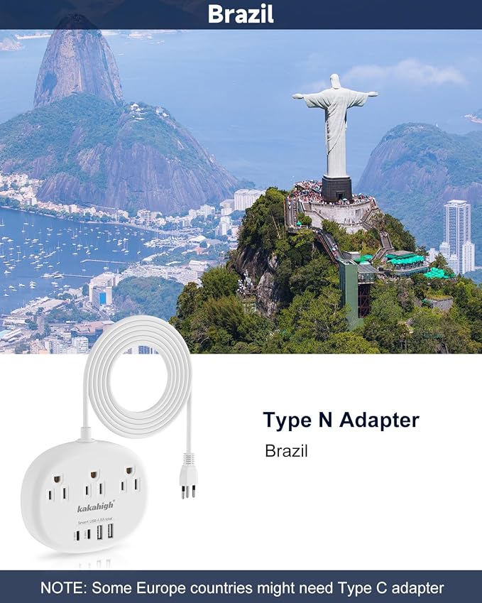 Brazil Power Adapter, Brazil Extension Cord 3FT | Outlet Adapter for Brazil with 3 American Outlets 4 USB Ports (2 USB-C) Total 24W, Type N Plug Adapter for Brazil