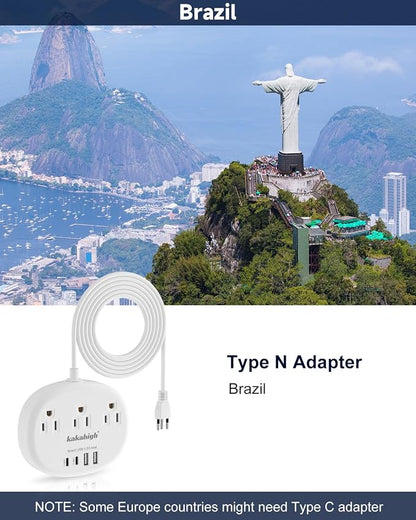 Brazil Power Adapter, Brazil Extension Cord 3FT | Outlet Adapter for Brazil with 3 American Outlets 4 USB Ports (2 USB-C) Total 24W, Type N Plug Adapter for Brazil