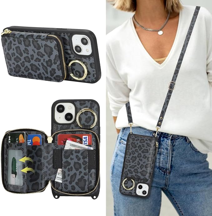 Crossbody Wallet Case for iPhone 14, PU Leather Zipper Handbag Purse Flip Cover, Kickstand Folio Case with Card Slots Holder Wrist Strap Lanyard 5G 6.1 Inch-Black Leopard