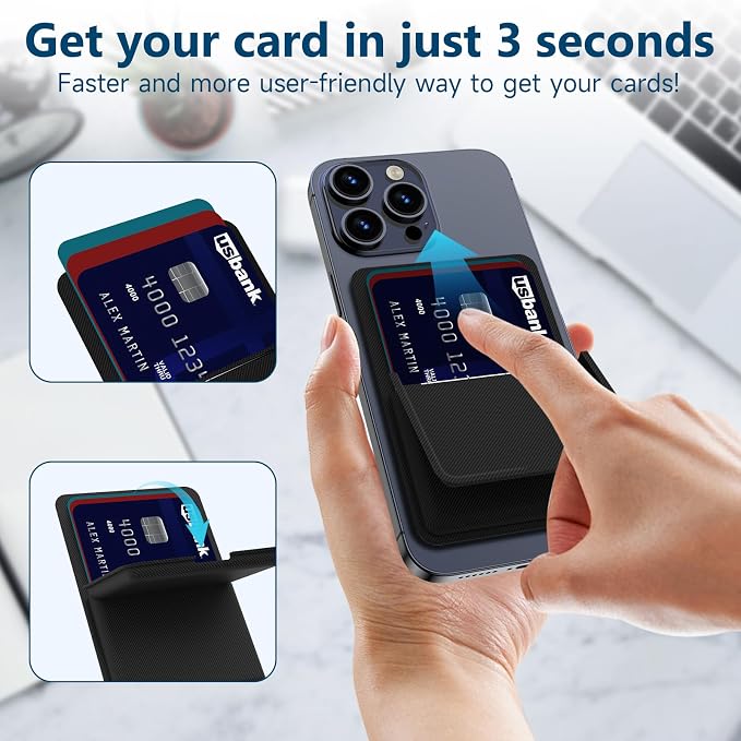 Asstar Magnetic Wallet Compatible with MagSafe Wallet, Adjustable Wallet Stand for Apple Wallet Mag Safe, Magnetic Card Holder Wallet for iPhone 15/14/13/12 Series, Twill PU Leather, 3 Cards,Black