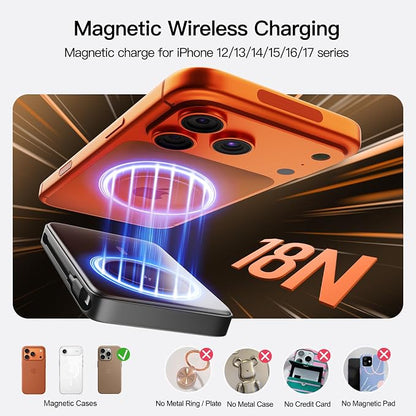 No More Forget Cables! 10000mAh Ultra Slim Magnetic Power Bank, Built-in USB-C & iPhone Cable, 20W Portable Charger with Foldable Stand, for iPhone 17/16/15/14/13/12 Series